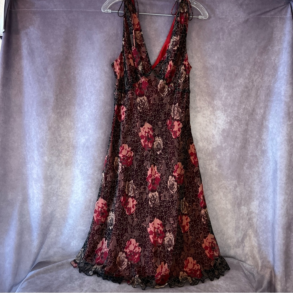 Talbots Silk Floral V-Neck Halter A-Line Y2K Dress Red Cream Women’s Size 12 NWT